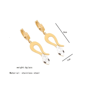 Macro detail of snake earrings in gold stainless steel with dimensions and weight info