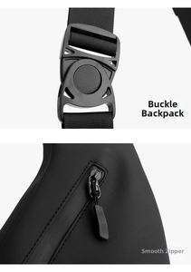 Detail of durable plastic buckle and waterproof coated zipper on black crossbody bag