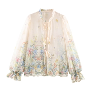 Women Sweet French Floral Embroidery Sheer Chiffon Blouse Ruffle Stand Collar Front Tie Long Bubble Sleeve Elegant Top