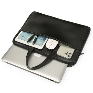 Minimalist black leather laptop bag with high capacity compartments for daily commute