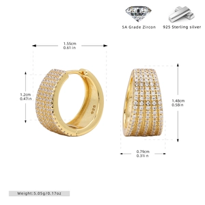 Detailed dimensions of gold S925 sterling silver huggie earrings with cubic zirconia
