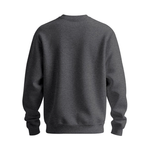 Detail view of the back of a dark gray crewneck sweatshirt with ribbed hem and cuffs