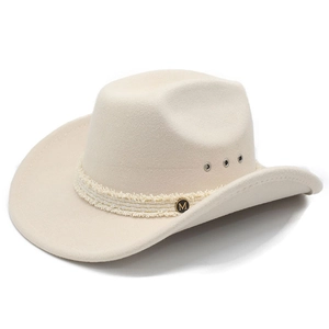 Retro Western Cowboy Hat Cotton Polyester Felt Wide Brim Metal Badge Tassel Belt Breathable Holes Unisex Sun Protection
