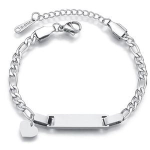 Silver stainless steel Figaro chain bracelet with engravable bar and heart pendant