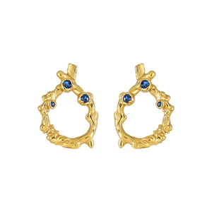 Irregular golden coral-shaped S925 silver hoop earrings with blue cubic zirconia stones