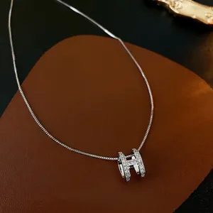 Elegant Copper Zircon H Letter Pendant Necklace For Women Minimalist Korean Style Clavicle Box Chain Jewelry Accessory