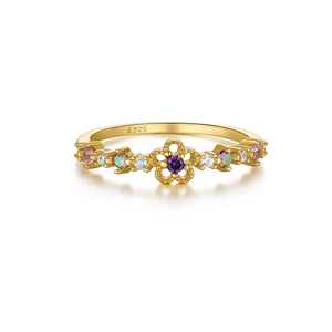 Detailed view of golden S925 silver flower ring with purple and colorful gemstones
