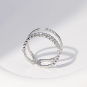 Minimalist silver stainless steel open ring with double layered leaf and polished texture
