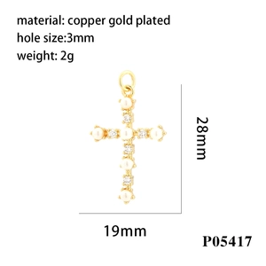Detailed size chart of gold-plated copper cross pendant with pearls and crystals