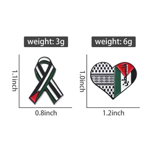 Detail view of heart and ribbon enamel pins showing dimensions and 3g/6g weight