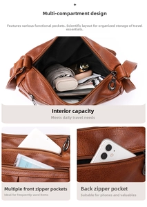 Brown leather crossbody bag detail showing multi-compartment storage and zipper pockets