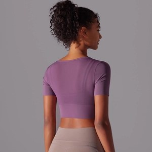 Rear view of purple short-sleeved cropped yoga top with high elasticity quick-dry fabric