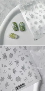 Macro detail of 5D embossed white floral nail stickers with thin matte texture TS-3458