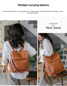 Brown PU leather backpack with ethnic style colorful strap and multiple zip pockets