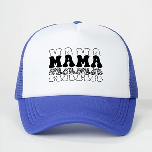 Blue and white baseball cap with MAMA print and breathable mesh for sun protection
