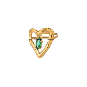 Anello cuore vintage dorato con zircone smeraldo marquise e finitura martellata