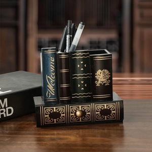 Organisateur de bureau style livres vintage avec 4 compartiments et un petit tiroir