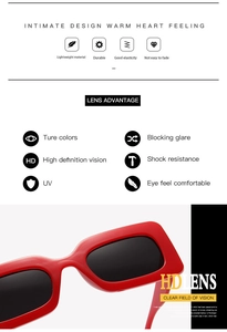 Detail view of red rectangular sunglasses showing HD UV protection and lightweight frame