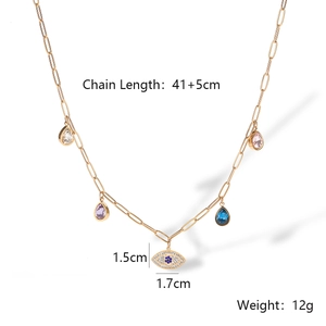 Detail of evil eye necklace with colorful pear-shaped cubic zirconia on gold chain