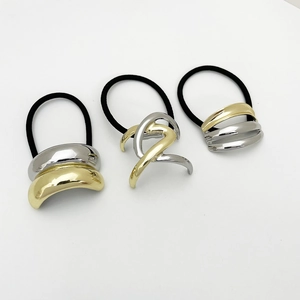 Three-piece set of geometric alloy ponytail holders in gold and silver metallic finishes