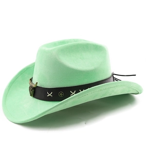 Detail of mint green suede cowboy hat featuring a bull head pendant and leather band