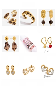Detail showcasing retro leopard print heart earrings and gold plated stainless steel jewelry