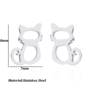 Minimalist silver stainless steel cat stud earrings for women with 8mm height