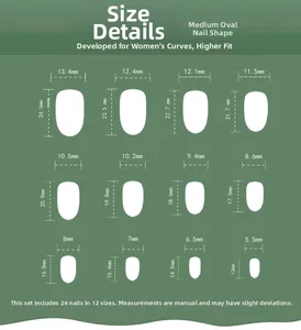 Size chart for French press-on nails showing 12 sizes with precise width and length