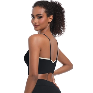 Detail of cross straps and white V-shaped contrast webbing on back of black yoga bra