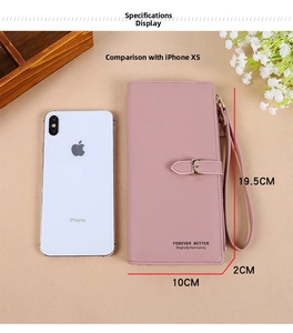 Tabella delle taglie dettagliata che mostra il portafoglio da 19,5 cm con iPhone XS