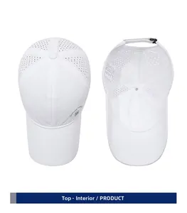 Detail view showing breathable laser-cut holes and inner lining of the white baseball cap