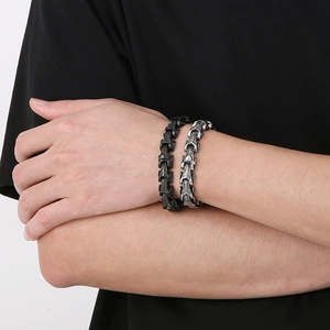Vintage punk dragon bone bracelet for men in black and silver stainless steel finish