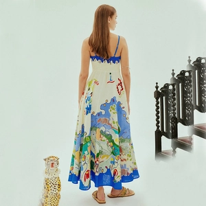 Chic spaghetti strap maxi dress with colorful graffiti print on off-white linen fabric