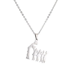 Silver stainless steel family necklace featuring mother and four children silhouette