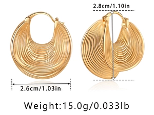 Detail view of 18K gold plated multi-layer hoop earrings with dimensions and weight specs