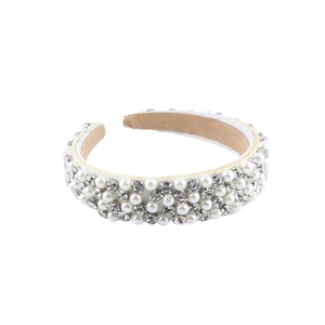 Baroque style wide headband featuring white pearls and sparkling rhinestones with velvet lining