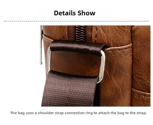 Close-up of metal ring connector and woven strap on brown textured leather bag