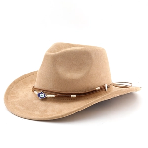 Khaki faux suede cowboy hat with woven brown leather band and evil eye charm detail