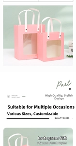 Pink window paper gift bag with white handles and gold lettering in various sizes