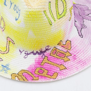 Women's wide brim straw hat with artistic colorful graffiti patterns and hand-drawn letters