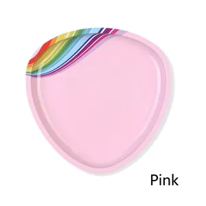 Pink heart-shaped stainless steel tray featuring colorful rainbow patterns on the surface