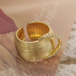 Vintage 18K gold plated wide geometric ring with sparkling zircons for women