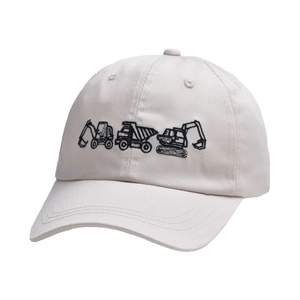 Close-up of excavator and bulldozer embroidery on beige cotton twill baseball cap