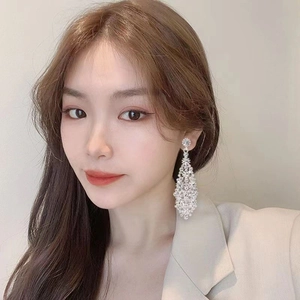 Elegant silver tassel earrings with sparkling rhinestones in a geometric drop design