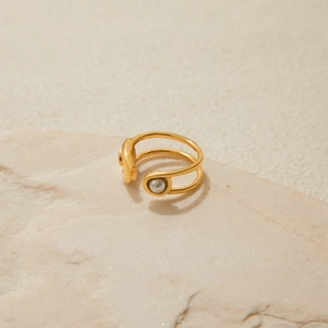 Modern 18K gold-plated stainless steel double-layered ring with a white pearl accent