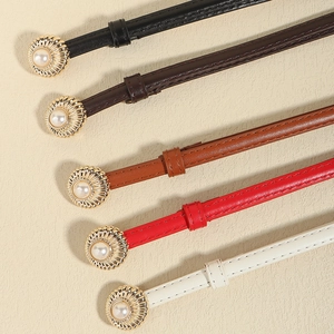 Elegant thin PU leather pearl belts for women in black brown red and cream colors