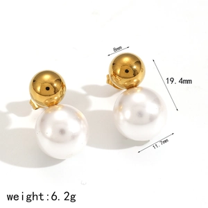 Golden ball and faux pearl stainless steel earrings with size measurements and weight