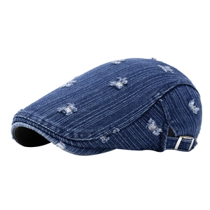 Distressed dark blue denim flat cap with adjustable silver buckle for men and women