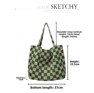 Detailed size chart of green checkerboard canvas tote bag with 37cm length and 33.5cm height