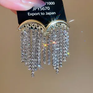 Boucles D'oreilles Pendantes Pampilles Demi-lune Strass Alliage Plaqué Or Avec Tige En Argent Sterling 925 Luxe Femmes